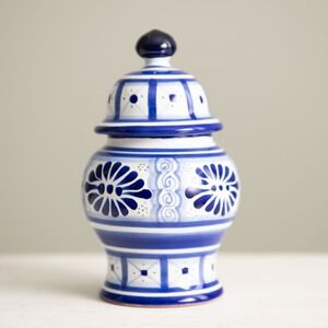 Talavera Puebla Mexico Hand Painted Blue White Ceramic 4" Jar Southwest Art Boho